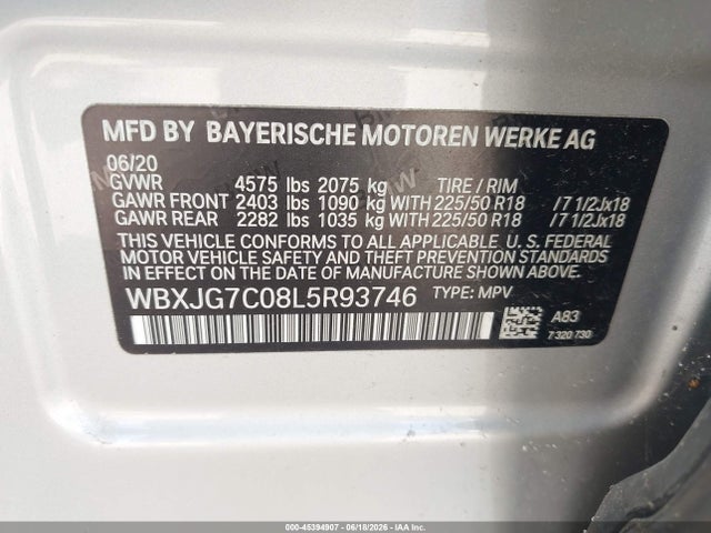 Aukcja sprzedaży 2020 Bmw X1 Sdrive28i, vin: WBXJG7C08L5R93746, numer aukcji: 45394907