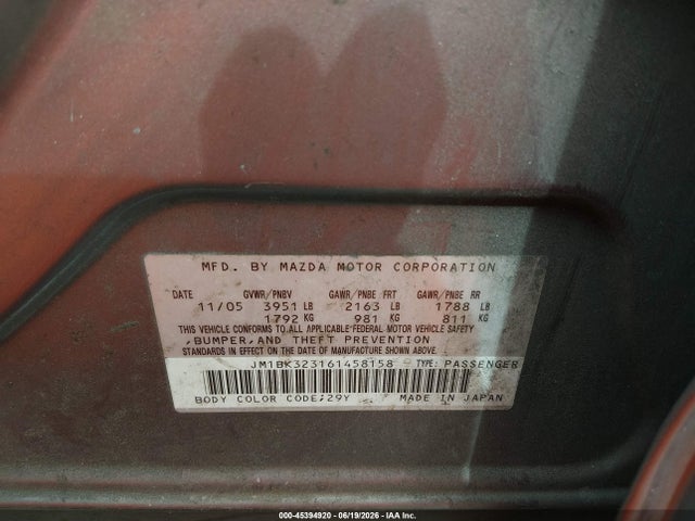 45394920 :رقم المزاد ، JM1BK323161458158 vin ، 2006 Mazda Mazda3 S مزاد بيع
