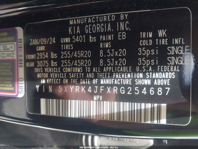 45394923 :رقم المزاد ، 5XYRK4JFXRG254687 vin ، 2024 Kia Sorento Sx مزاد بيع