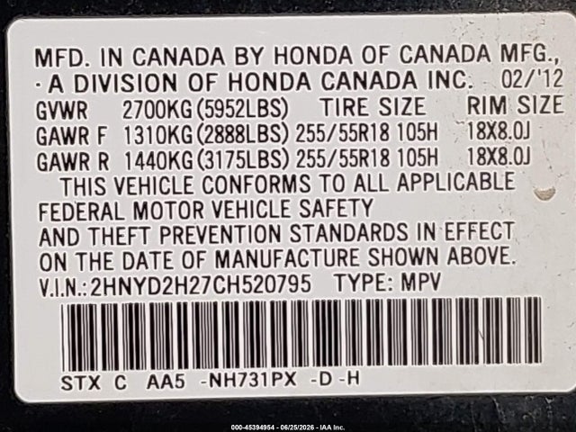 2012 Acura Mdx მანქანა იყიდება აუქციონზე, vin: 2HNYD2H27CH520795, აუქციონის ნომერი: 45394954