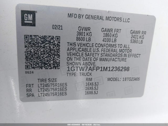 2021 Gmc Savana Cargo Rwd 2500 Regular Wheelbase Work Van მანქანა იყიდება აუქციონზე, vin: 1GTW7AFP1M1236298, აუქციონის ნომერი: 45394955