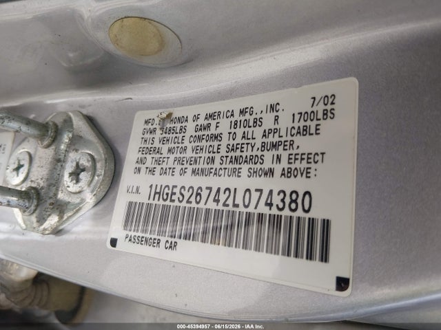 Продаж на аукціоні авто 2002 Honda Civic Ex, vin: 1HGES26742L074380, номер лоту: 45394957