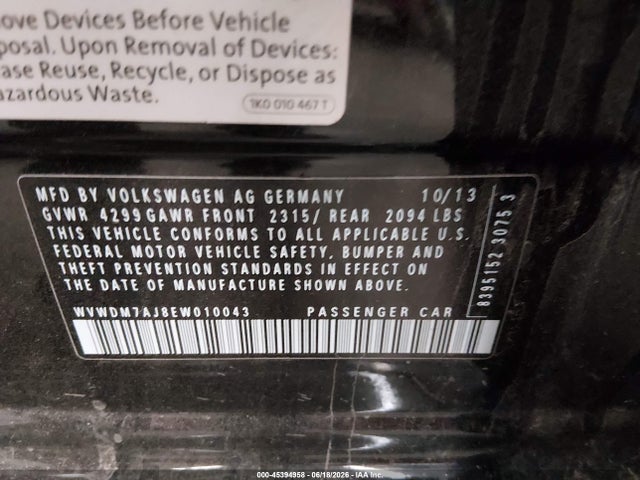 2014 Volkswagen Golf 2.0l Tdi მანქანა იყიდება აუქციონზე, vin: WVWDM7AJ8EW010043, აუქციონის ნომერი: 45394958