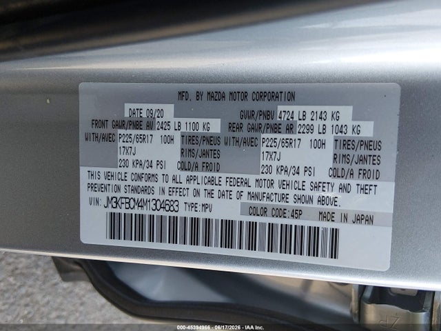 Продаж на аукціоні авто 2021 Mazda Cx-5 Touring, vin: JM3KFBCM4M1304683, номер лоту: 45394966