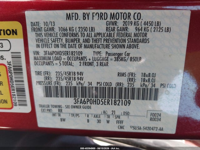 45394969 :رقم المزاد ، 3FA6P0HD5ER182109 vin ، 2014 Ford Fusion Se مزاد بيع