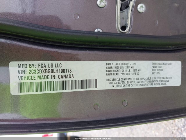 2C3CDXBG0LH190178 Dodge Charger Sxt Rwd
