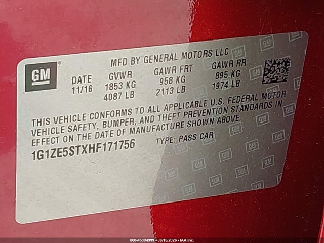 1G1ZE5STXHF171756 Chevrolet MALIBU 1LT