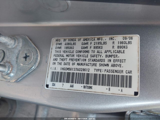 Продажа на аукционе авто 2007 Honda Accord 2.4 Vp, vin: 1HGCM56137A029612, номер лота: 45395018