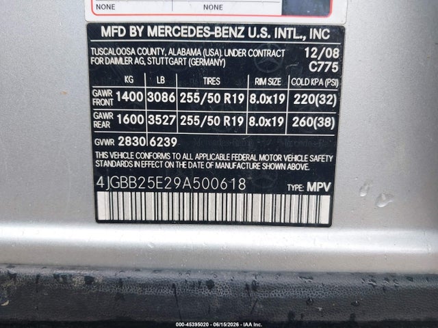 Aukcja sprzedaży 2009 Mercedes-benz Ml 320 Bluetec 4matic, vin: 4JGBB25E29A500618, numer aukcji: 45395020