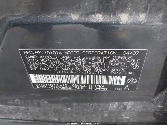 45395021 :رقم المزاد ، JTHBJ46G772126712 vin ، 2007 Lexus Es 350 مزاد بيع