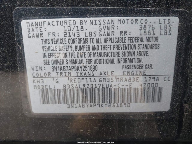 45395035 :رقم المزاد ، 3N1AB7AP9KY251890 vin ، 2019 Nissan Sentra Sr مزاد بيع