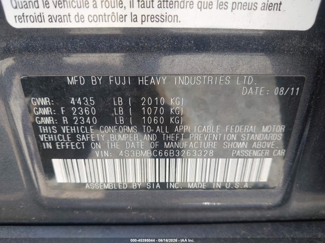 45395044 :رقم المزاد ، 4S3BMBC66B3263328 vin ، 2011 Subaru Legacy 2.5i Premium مزاد بيع