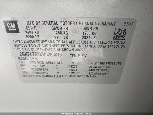 2017 Gmc Terrain Sle-2 მანქანა იყიდება აუქციონზე, vin: 2GKFLTE3XH6280376, აუქციონის ნომერი: 45395059
