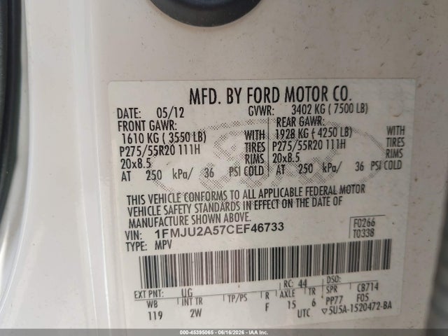 45395065 :رقم المزاد ، 1FMJU2A57CEF46733 vin ، 2012 Ford Expedition Limited مزاد بيع