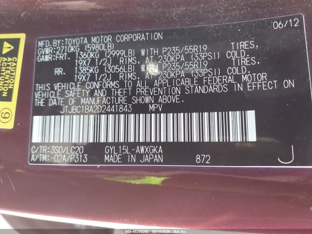 Aukcja sprzedaży 2013 Lexus Rx 450h, vin: JTJBC1BA2D2441843, numer aukcji: 45395066