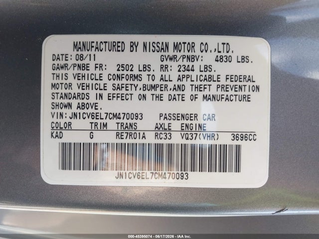 2012 Infiniti G37 X მანქანა იყიდება აუქციონზე, vin: JN1CV6EL7CM470093, აუქციონის ნომერი: 45395074
