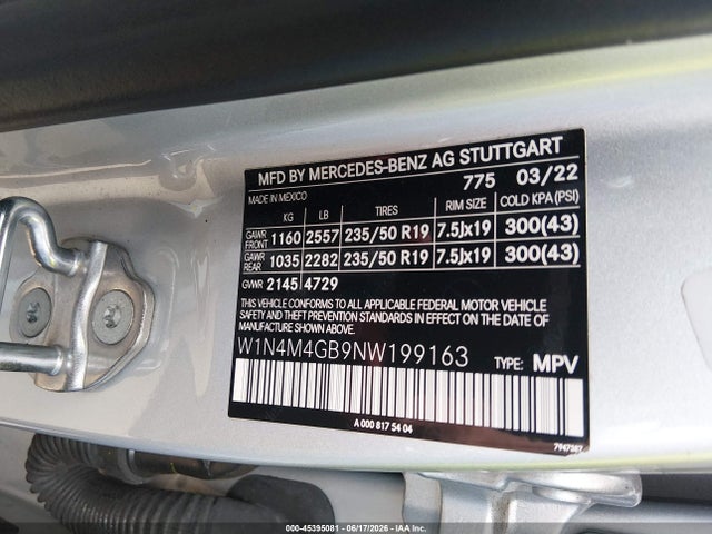 45395081 :رقم المزاد ، W1N4M4GB9NW199163 vin ، 2022 Mercedes-benz Glb 250 مزاد بيع