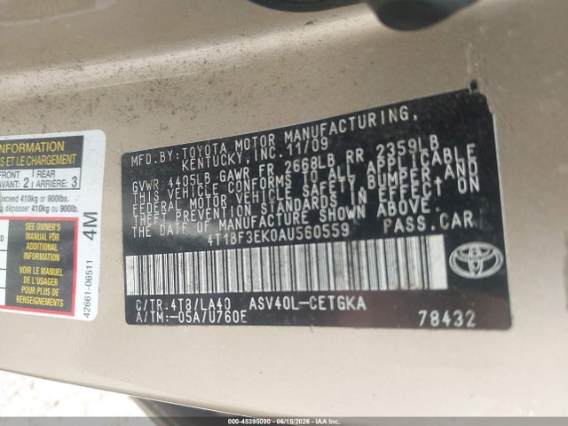Продажа на аукционе авто 2010 Toyota Camry Xle, vin: 4T1BF3EK0AU560559, номер лота: 45395090