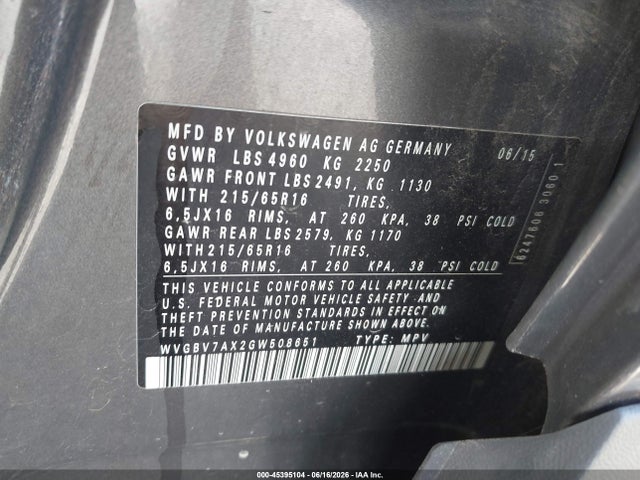 Aukcja sprzedaży 2016 Volkswagen Tiguan S, vin: WVGBV7AX2GW508651, numer aukcji: 45395104