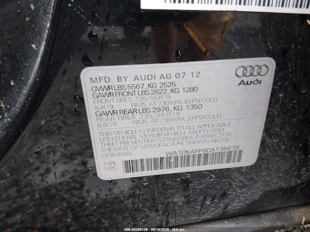 Продаж на аукціоні авто 2012 Audi Q5 3.2 Premium Plus, vin: WA1DKAFP6CA136678, номер лоту: 45395126