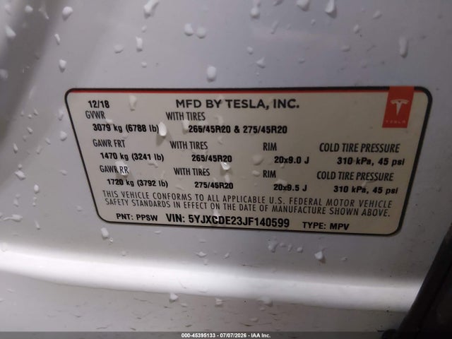 Tesla Model X 100d/75d/p100d 2018 5YJXCDE23JF140599 Image 9