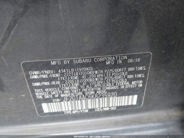 45395134 :رقم المزاد ، JF2GTAAC6K8235920 vin ، 2019 Subaru Crosstrek 2.0i مزاد بيع