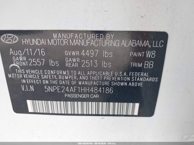 Продажа на аукционе авто 2017 Hyundai Sonata Se, vin: 5NPE24AF1HH484186, номер лота: 45395146