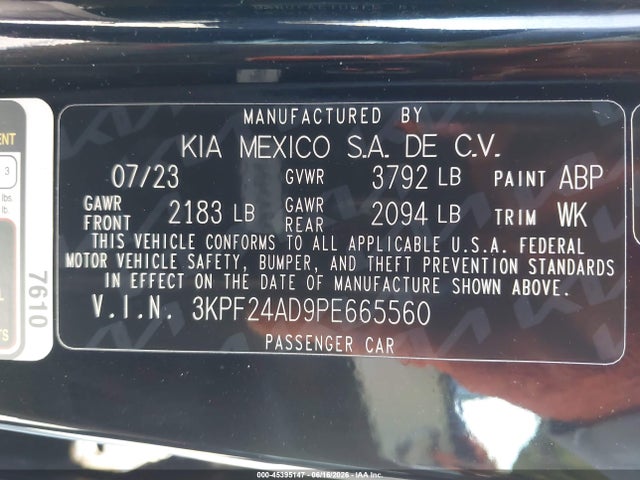 3KPF24AD9PE665560 KIA Forte Lxs