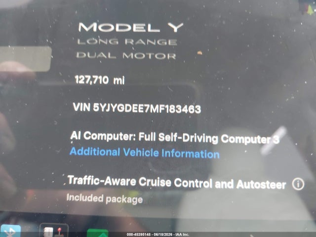 45395148 :رقم المزاد ، 5YJYGDEE7MF183463 vin ، 2021 Tesla Model Y Long Range Dual Motor All-wheel Drive مزاد بيع
