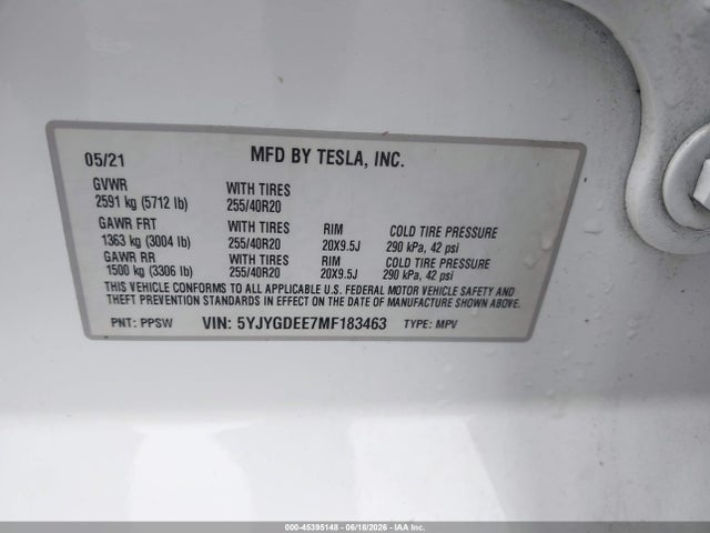 45395148 :رقم المزاد ، 5YJYGDEE7MF183463 vin ، 2021 Tesla Model Y Long Range Dual Motor All-wheel Drive مزاد بيع