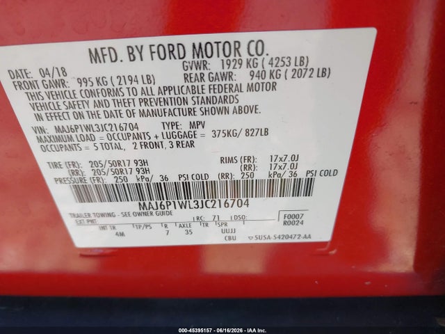 45395157 :رقم المزاد ، MAJ6P1WL3JC216704 vin ، 2018 Ford Ecosport Titanium مزاد بيع
