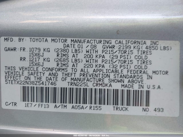 2008 Toyota Tacoma მანქანა იყიდება აუქციონზე, vin: 5TETX22N38Z541746, აუქციონის ნომერი: 45395160