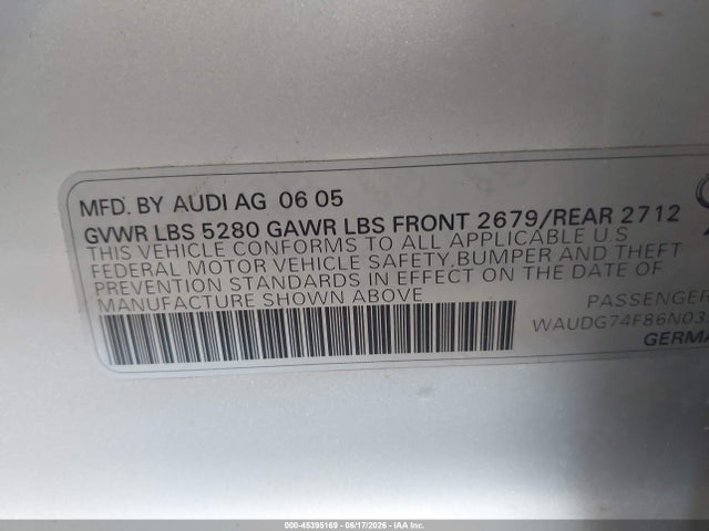 45395169 :رقم المزاد ، WAUDG74F86N039528 vin ، 2006 Audi A6 3.2 مزاد بيع