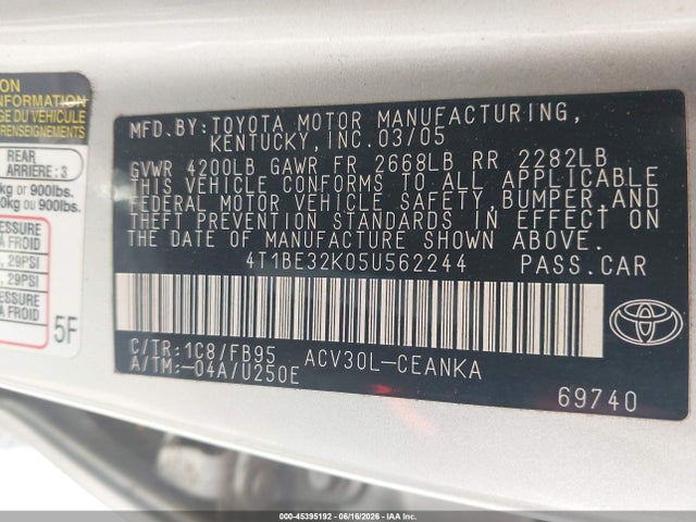 2005 Toyota Camry Le მანქანა იყიდება აუქციონზე, vin: 4T1BE32K05U562244, აუქციონის ნომერი: 45395192