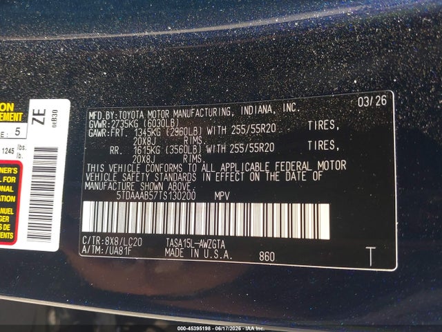 5TDAAAB57TS130200 Toyota Grand Highlander Limited