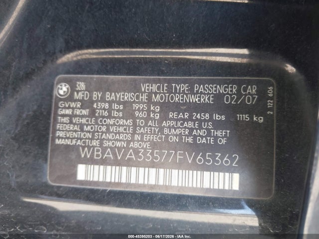 45395203 :رقم المزاد ، WBAVA33577FV65362 vin ، 2007 Bmw 328i مزاد بيع