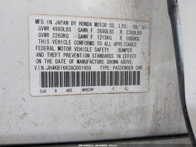45395212 :رقم المزاد ، JH4KB16638C001950 vin ، 2008 Acura Rl 3.5 مزاد بيع
