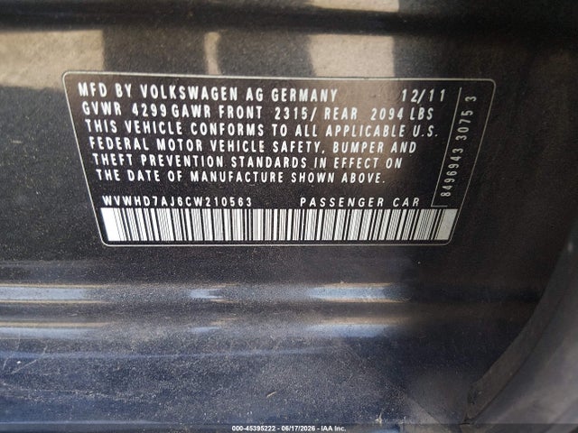 2012 Volkswagen Gti 4-door Autobahn მანქანა იყიდება აუქციონზე, vin: WVWHD7AJ6CW210563, აუქციონის ნომერი: 45395222