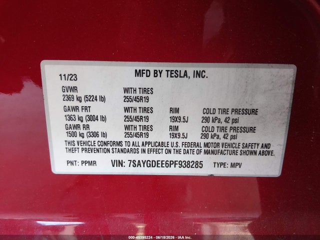 Продажа на аукционе авто 2023 Tesla Model Y Awd/long Range Dual Motor All-wheel Drive, vin: 7SAYGDEE6PF938285, номер лота: 45395224