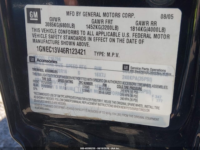 Продаж на аукціоні авто 2006 Chevrolet Tahoe Ls, vin: 1GNEC13V46R123421, номер лоту: 45395235
