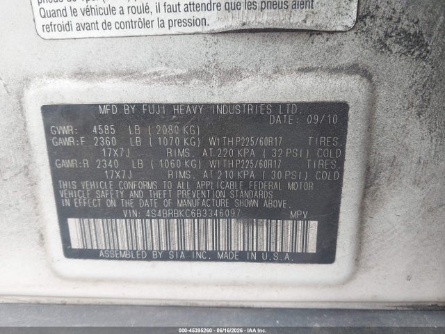Aukcja sprzedaży 2011 Subaru Outback 2.5i Limited, vin: 4S4BRBKC6B3346097, numer aukcji: 45395260