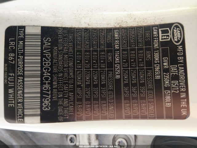 Aukcja sprzedaży 2012 Land Rover Range Rover Evoque, vin: SALVP2BG4CH677963, numer aukcji: 45395289