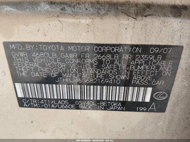 Aukcja sprzedaży 2008 Lexus Es 350, vin: JTHBJ46G682169410, numer aukcji: 45395292