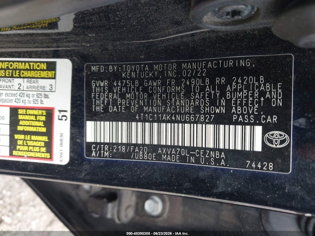 45395305 :رقم المزاد ، 4T1C11AK4NU667827 vin ، 2022 Toyota Camry Le مزاد بيع