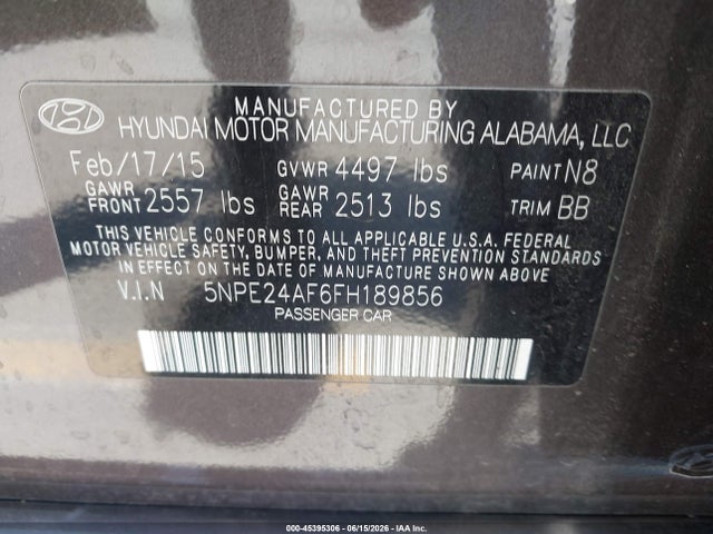 Aukcja sprzedaży 2015 Hyundai Sonata Se, vin: 5NPE24AF6FH189856, numer aukcji: 45395306