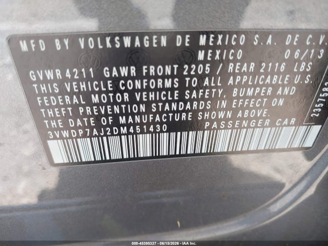2013 Volkswagen Jetta 2.5l Se მანქანა იყიდება აუქციონზე, vin: 3VWDP7AJ2DM451430, აუქციონის ნომერი: 45395327