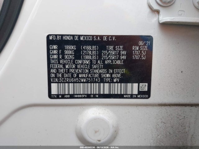 3CZRU6H52MM751743 Honda Hr-v Awd Ex