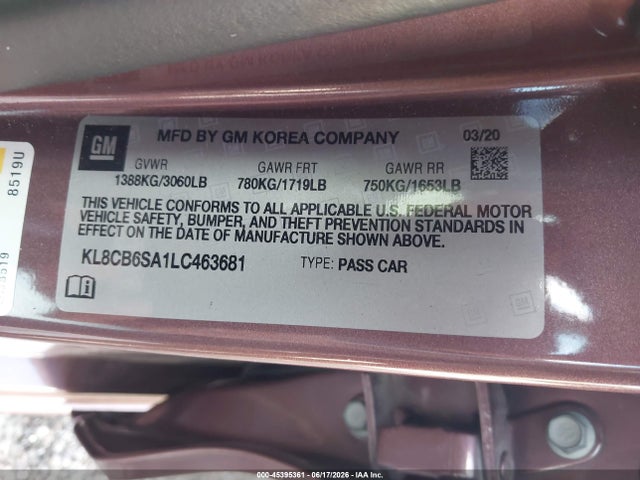 Продажа на аукционе авто 2020 Chevrolet Spark Fwd Ls Automatic, vin: KL8CB6SA1LC463681, номер лота: 45395361