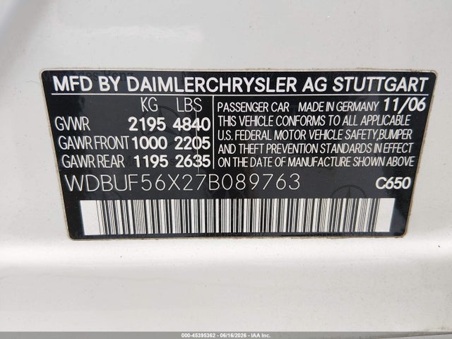 Продажа на аукционе авто 2007 Mercedes-benz E 350, vin: WDBUF56X27B089763, номер лота: 45395362