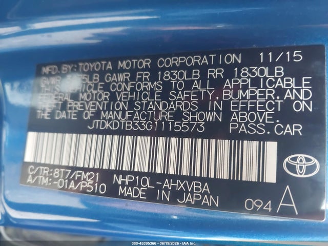 2016 Toyota Prius C Two მანქანა იყიდება აუქციონზე, vin: JTDKDTB33G1115573, აუქციონის ნომერი: 45395366